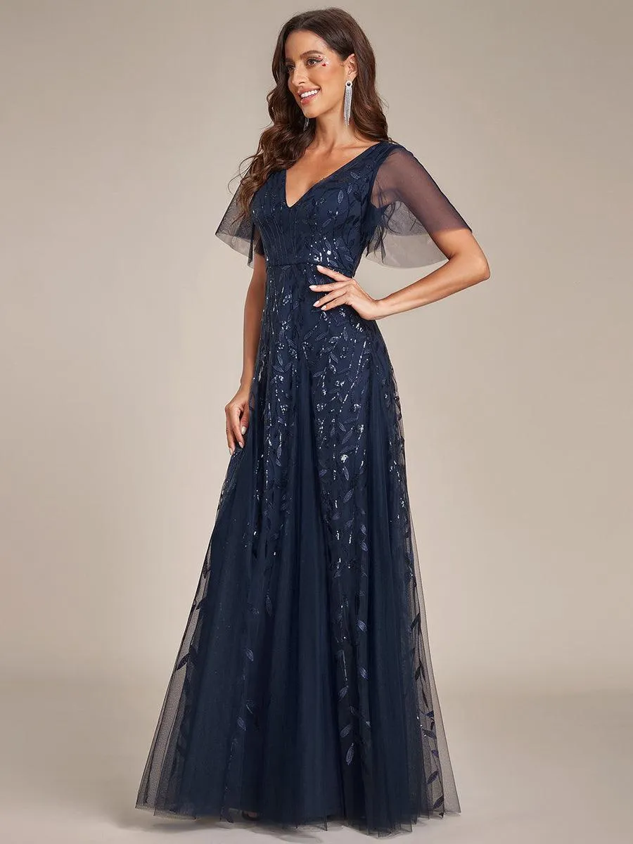 Robe de Soirée Longue Romantique et Scintillante à Col V et Pailletes