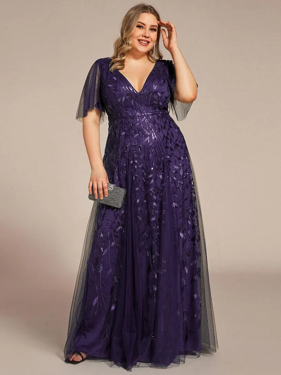 Robe de Soirée Longue Romantique et Scintillante à Col V et Pailletes