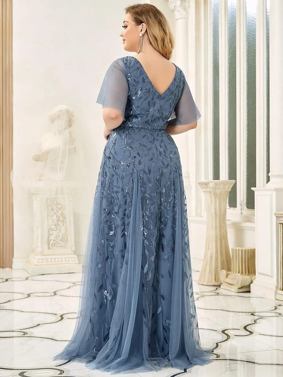 Robe de Soirée Longue Romantique et Scintillante à Col V et Pailletes