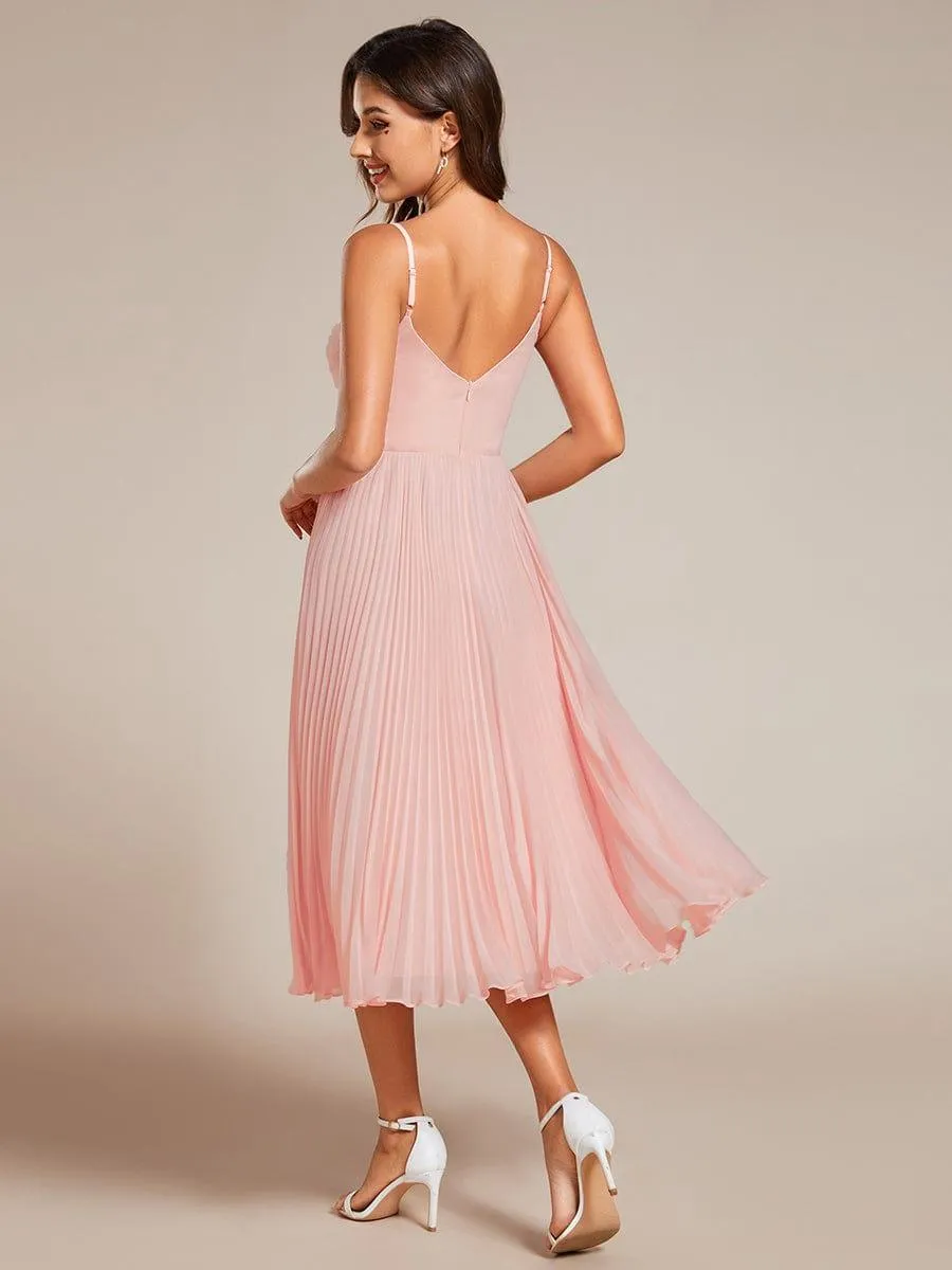 Robe d'invité de mariage dos nu plissée en mousseline de soie mi-longue avec col en V(Vente finale)