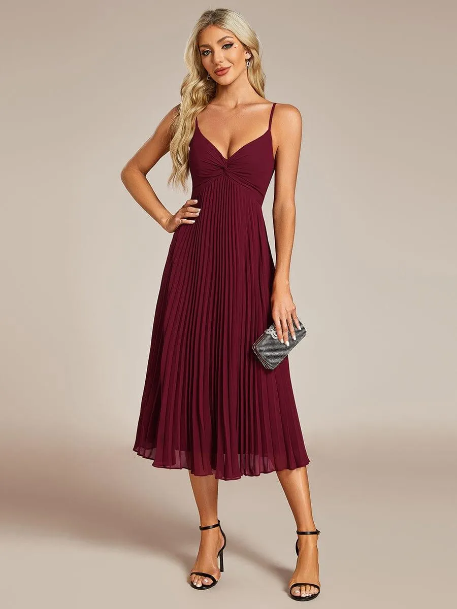 Robe d'invité de mariage dos nu plissée en mousseline de soie mi-longue avec col en V(Vente finale)