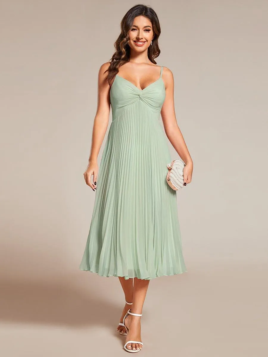 Robe d'invité de mariage dos nu plissée en mousseline de soie mi-longue avec col en V(Vente finale)