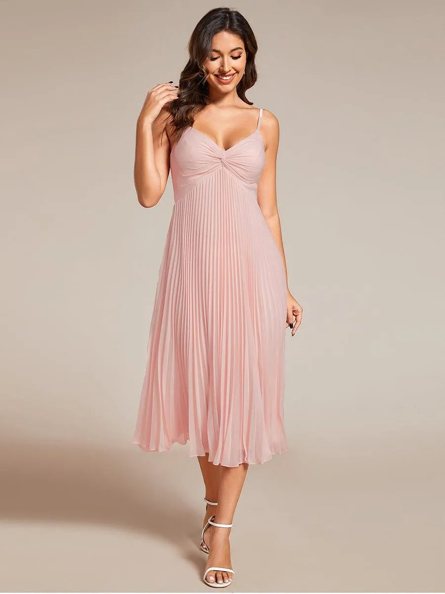 Robe d'invité de mariage dos nu plissée en mousseline de soie mi-longue avec col en V(Vente finale)