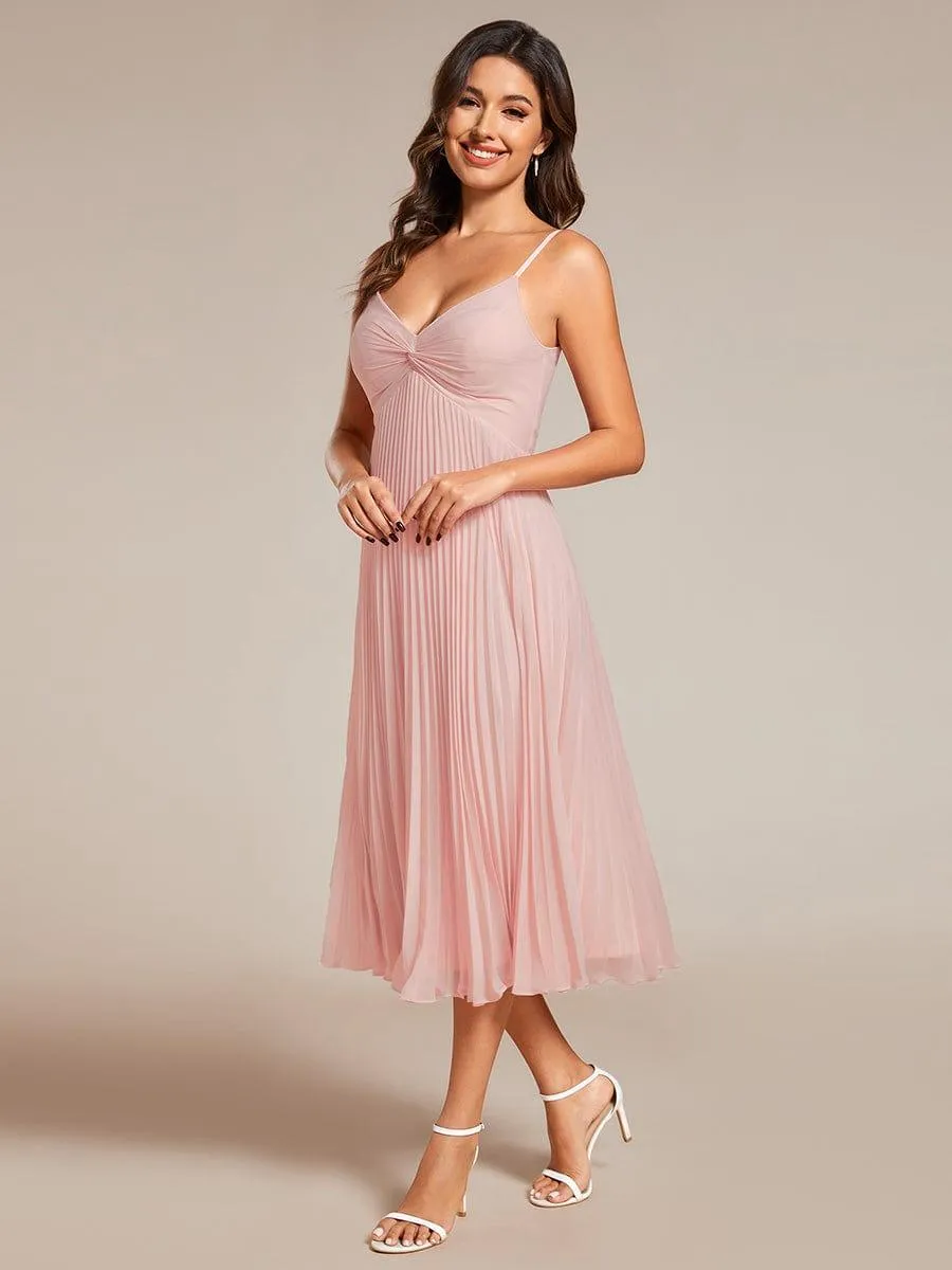 Robe d'invité de mariage dos nu plissée en mousseline de soie mi-longue avec col en V(Vente finale)
