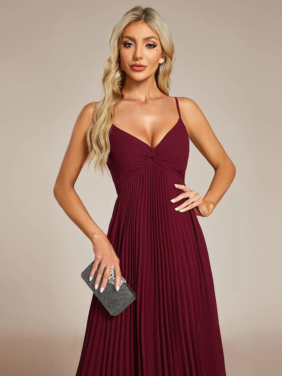 Robe d'invité de mariage dos nu plissée en mousseline de soie mi-longue avec col en V(Vente finale)
