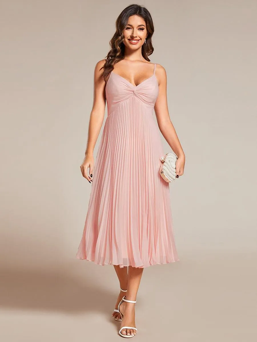 Robe d'invité de mariage dos nu plissée en mousseline de soie mi-longue avec col en V(Vente finale)