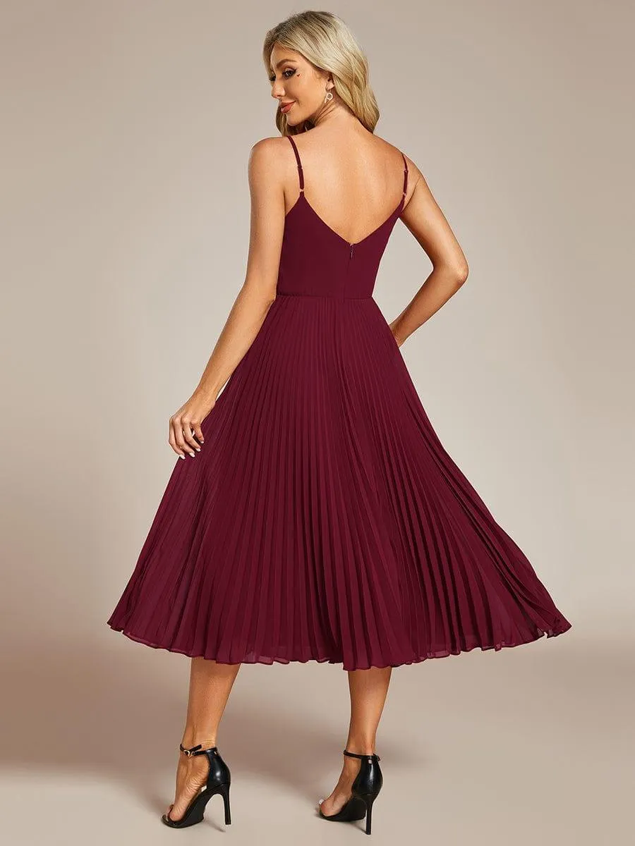 Robe d'invité de mariage dos nu plissée en mousseline de soie mi-longue avec col en V(Vente finale)