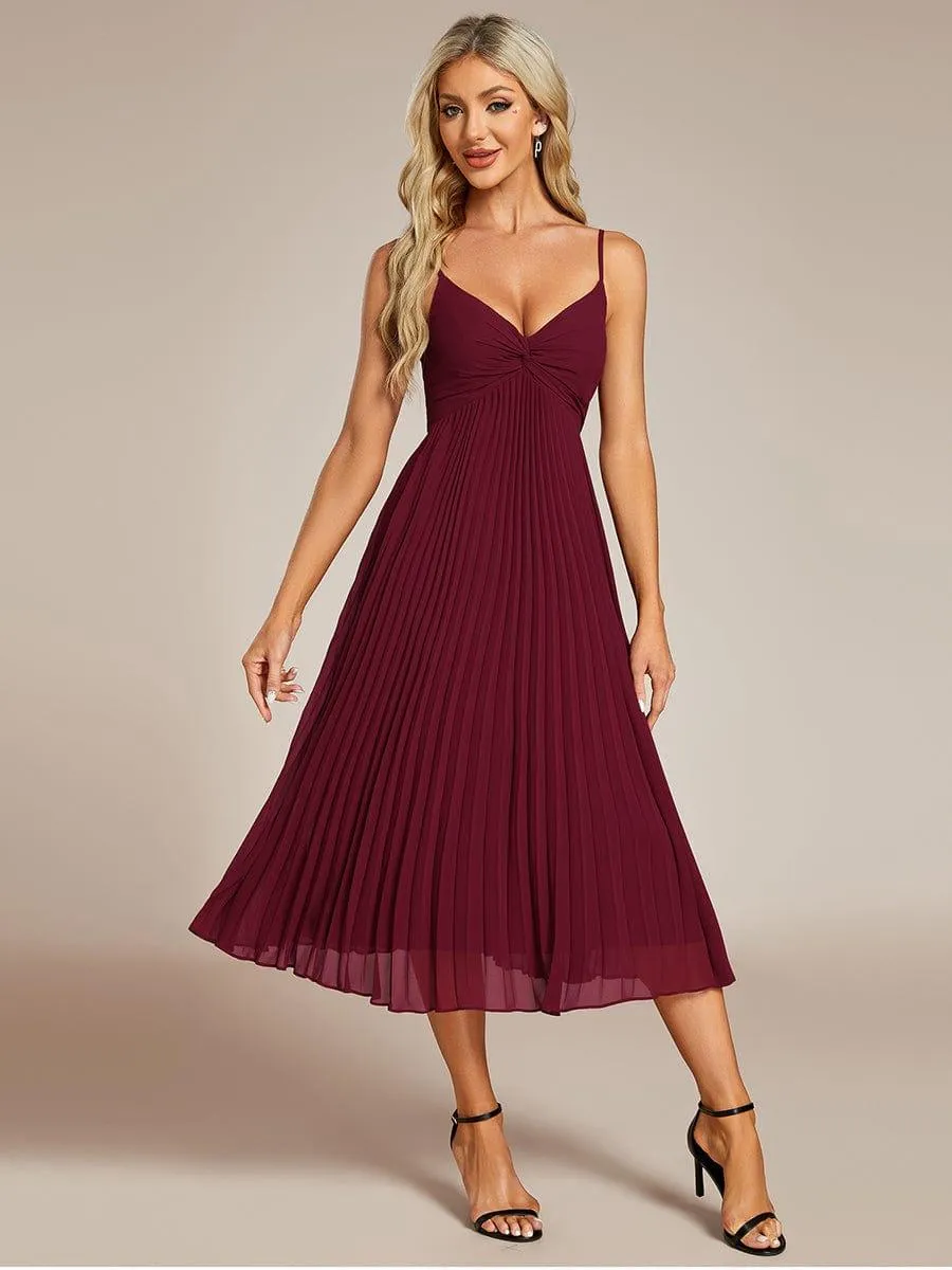 Robe d'invité de mariage dos nu plissée en mousseline de soie mi-longue avec col en V(Vente finale)