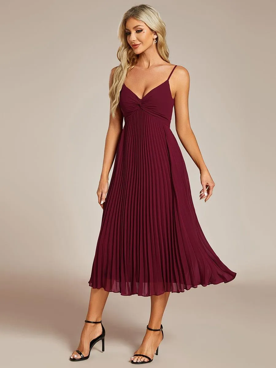 Robe d'invité de mariage dos nu plissée en mousseline de soie mi-longue avec col en V(Vente finale)