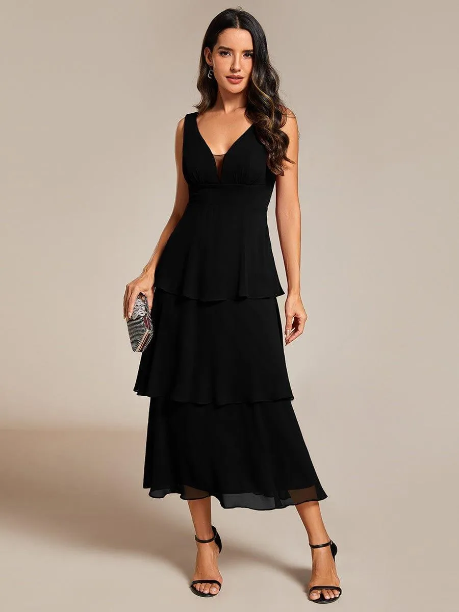 Robe d'invité de mariage en mousseline de soie ourlet superposé col en V sans manches ligne a(Vente finale)