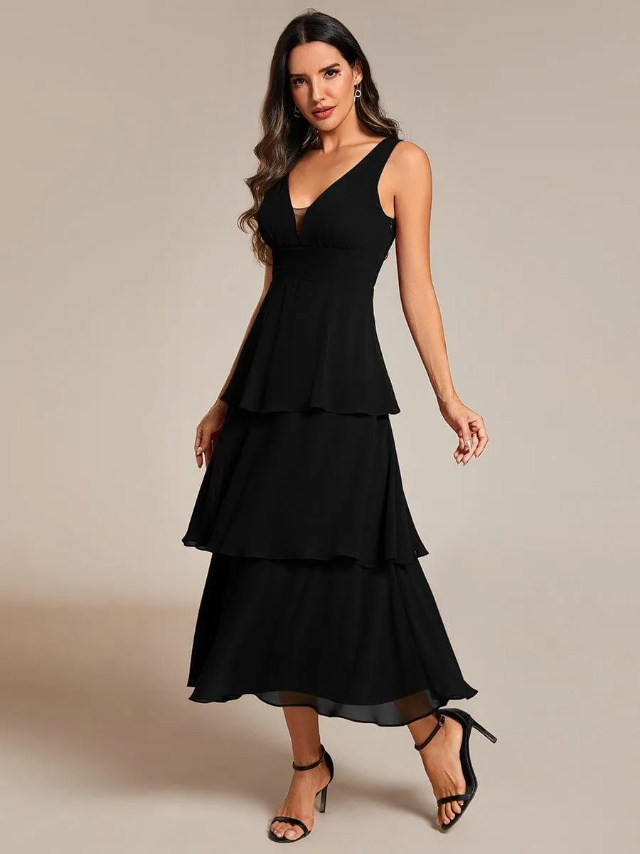 Robe d'invité de mariage en mousseline de soie ourlet superposé col en V sans manches ligne a(Vente finale)