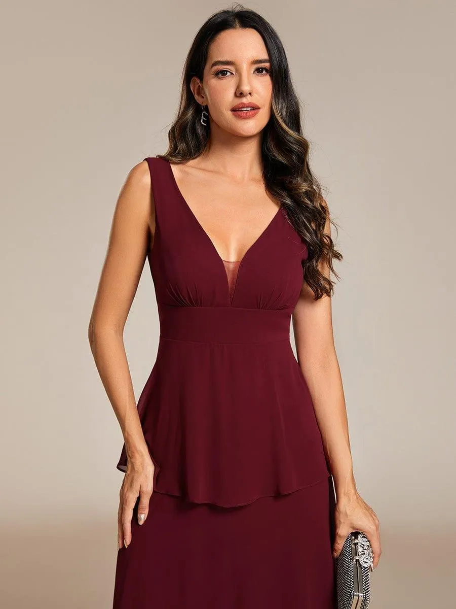 Robe d'invité de mariage en mousseline de soie ourlet superposé col en V sans manches ligne a(Vente finale)