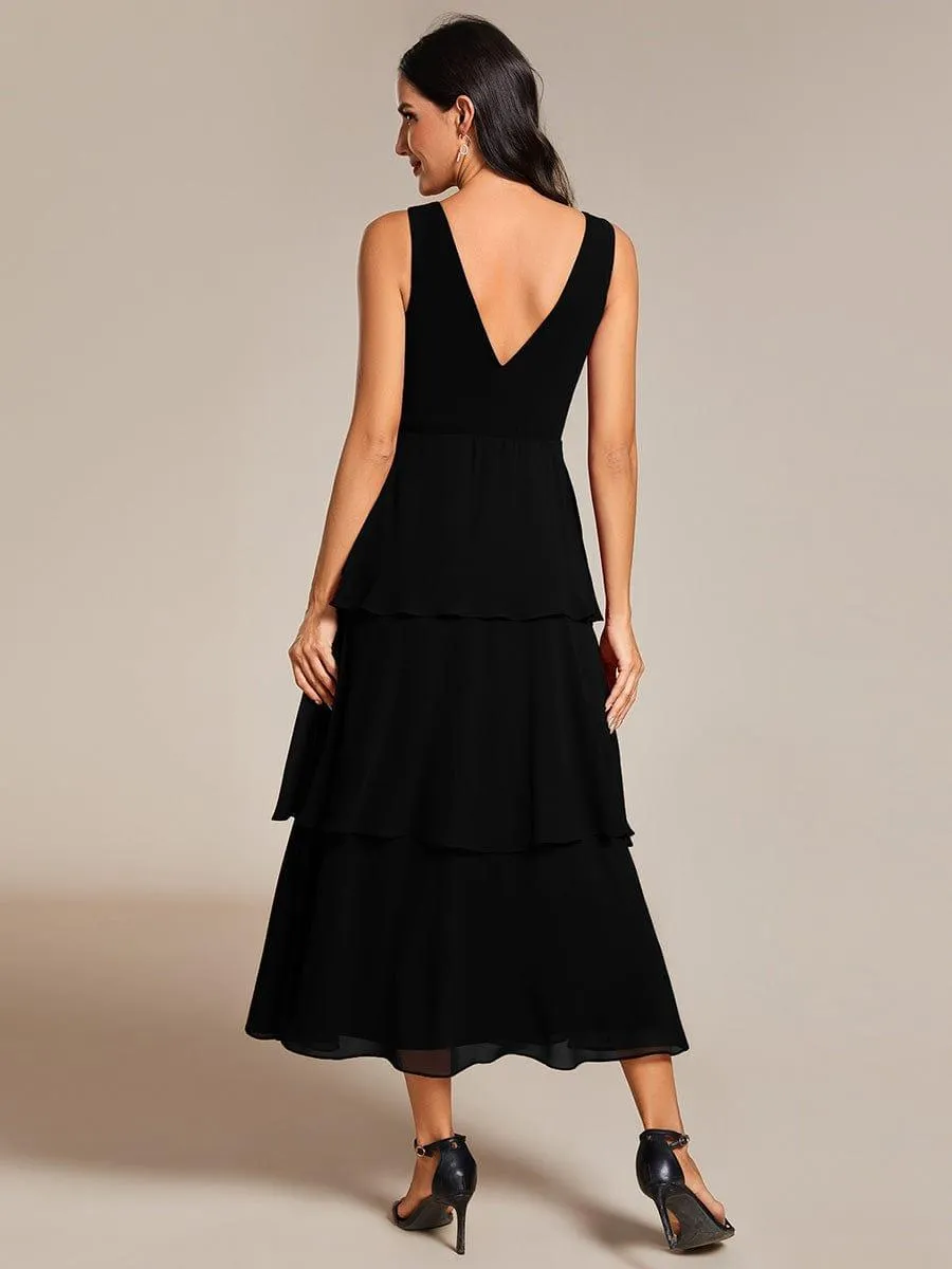 Robe d'invité de mariage en mousseline de soie ourlet superposé col en V sans manches ligne a(Vente finale)
