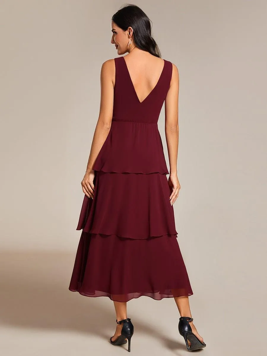 Robe d'invité de mariage en mousseline de soie ourlet superposé col en V sans manches ligne a(Vente finale)