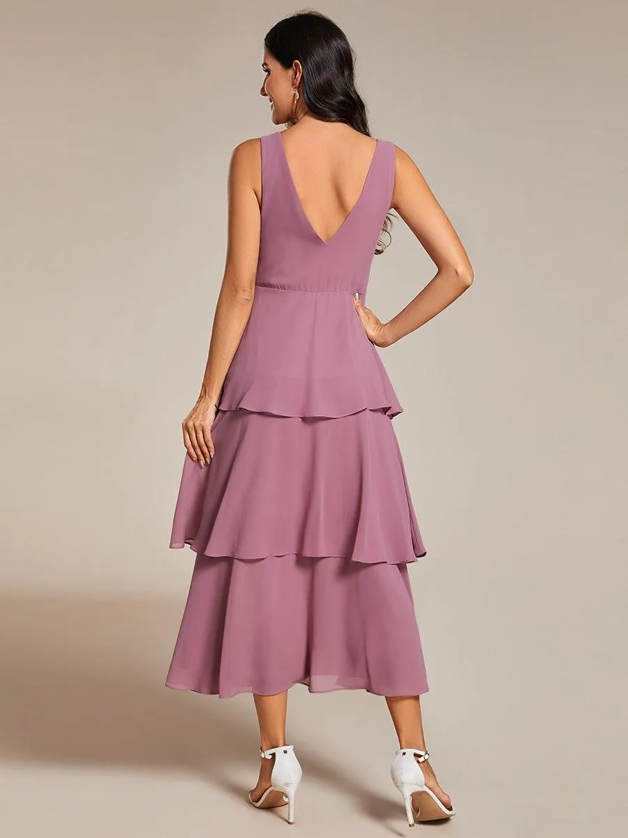 Robe d'invité de mariage en mousseline de soie ourlet superposé col en V sans manches ligne a(Vente finale)