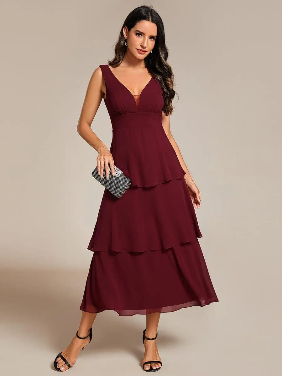 Robe d'invité de mariage en mousseline de soie ourlet superposé col en V sans manches ligne a(Vente finale)
