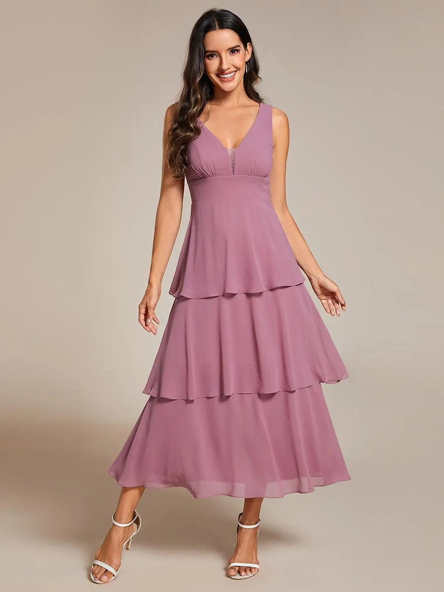 Robe d'invité de mariage en mousseline de soie ourlet superposé col en V sans manches ligne a(Vente finale)