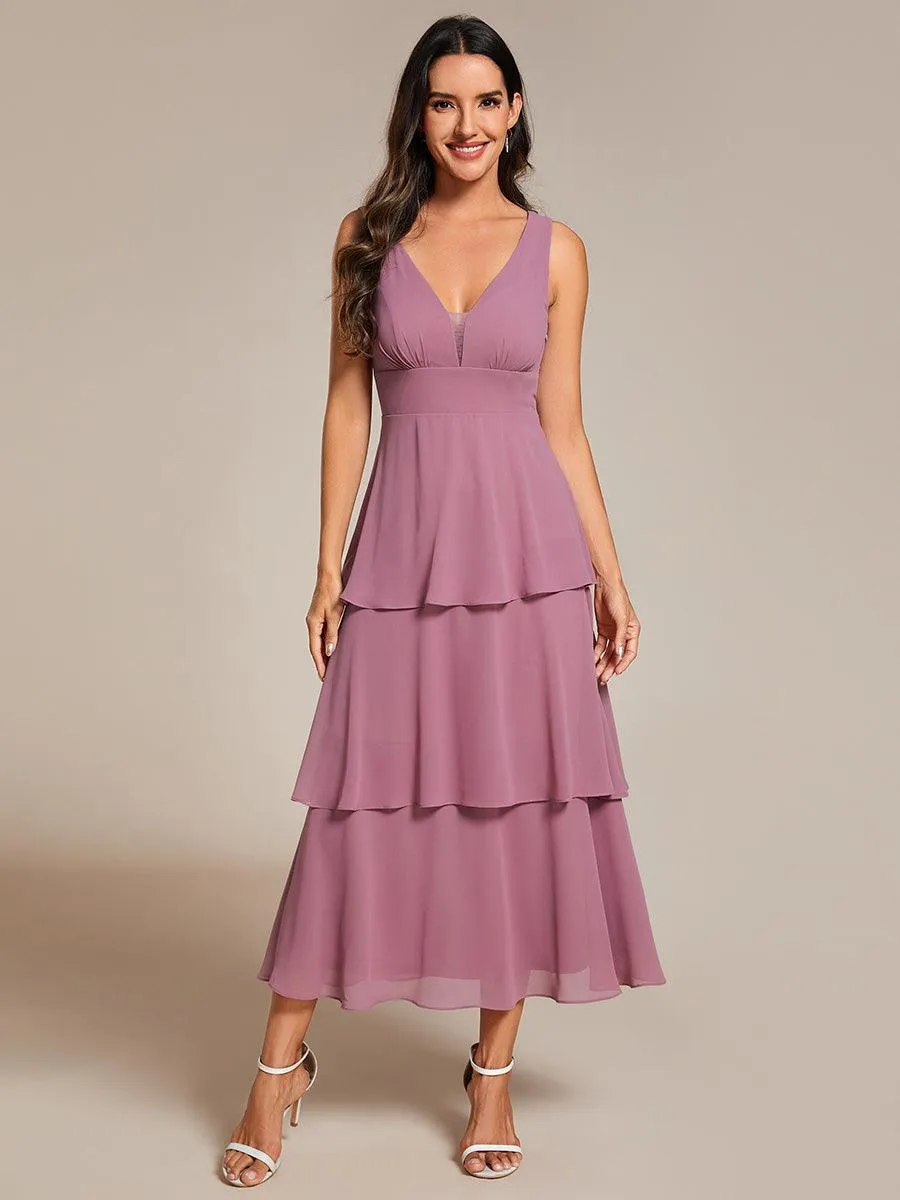 Robe d'invité de mariage en mousseline de soie ourlet superposé col en V sans manches ligne a(Vente finale)
