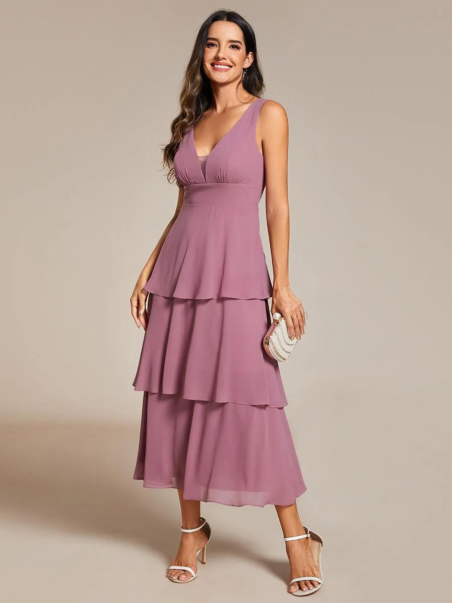 Robe d'invité de mariage en mousseline de soie ourlet superposé col en V sans manches ligne a(Vente finale)
