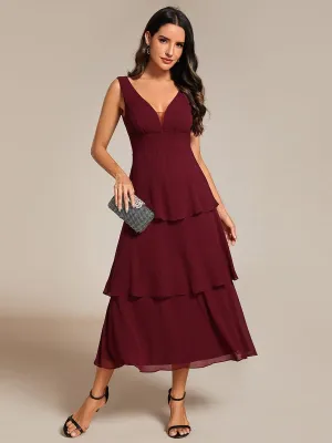 Robe d'invité de mariage en mousseline de soie ourlet superposé col en V sans manches ligne a(Vente finale)