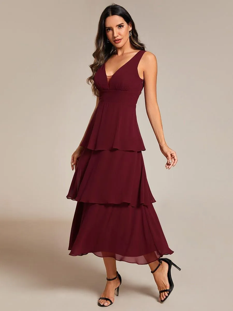 Robe d'invité de mariage en mousseline de soie ourlet superposé col en V sans manches ligne a(Vente finale)