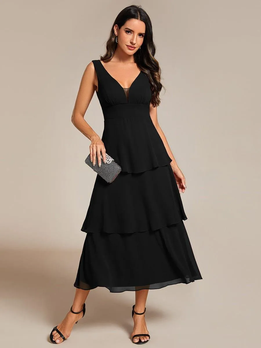 Robe d'invité de mariage en mousseline de soie ourlet superposé col en V sans manches ligne a(Vente finale)