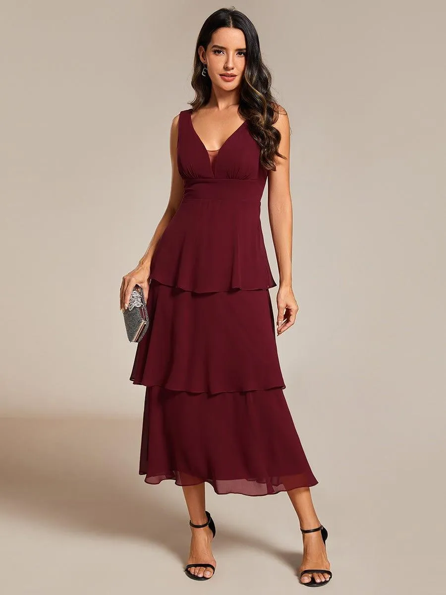 Robe d'invité de mariage en mousseline de soie ourlet superposé col en V sans manches ligne a(Vente finale)