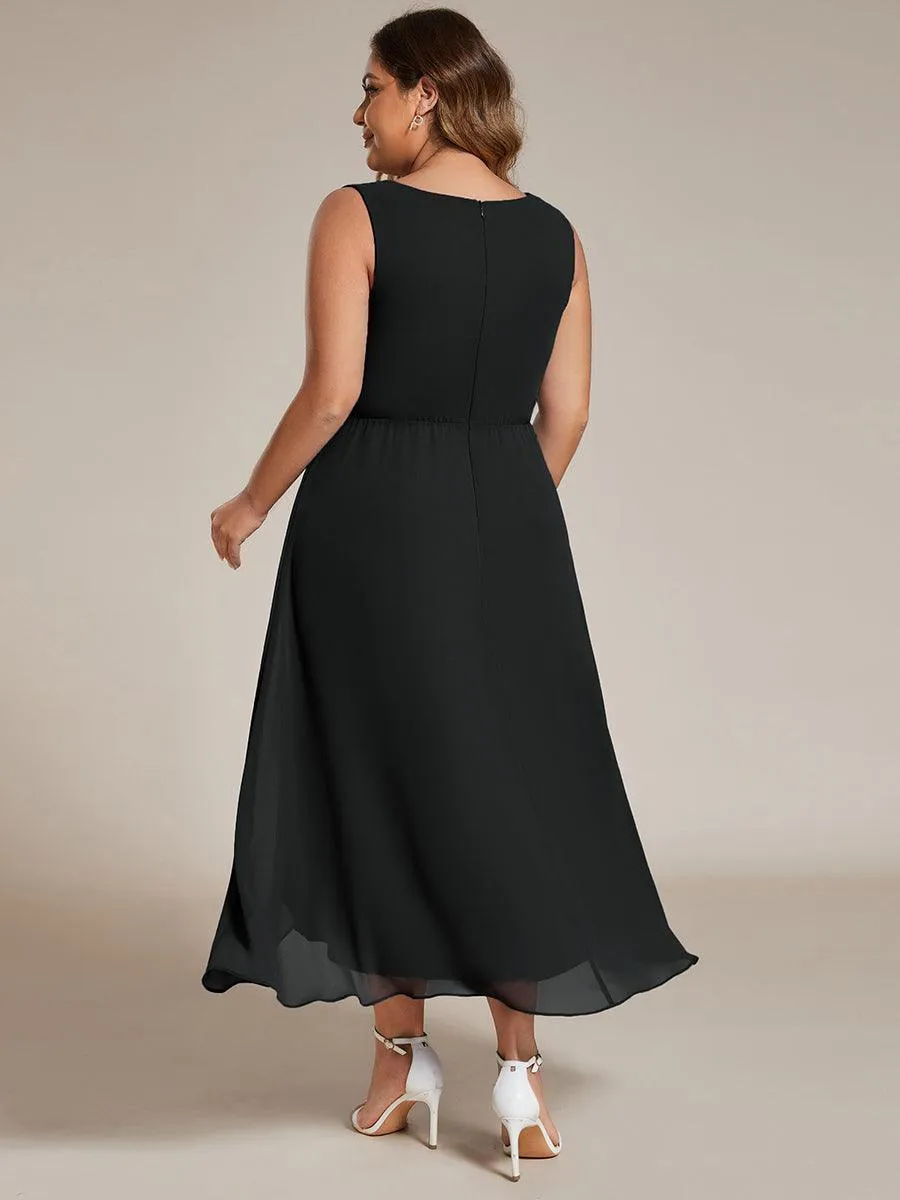 Robe d'invité de mariage haute-basse en mousseline de soie sans manches de grande taille avec applique à la taille