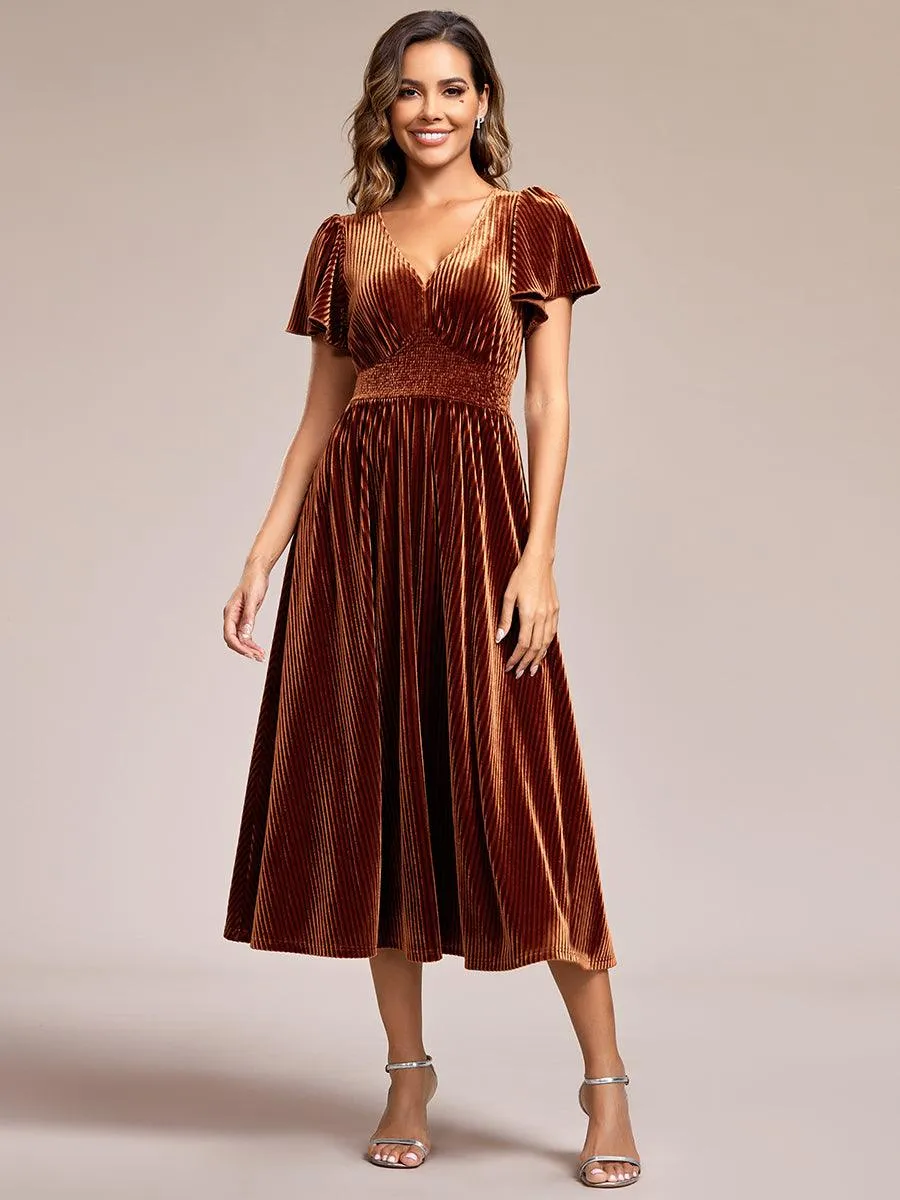 Robe d'invité de mariage mi-longue en velours d'automne à manches courtes et col en V gracieux