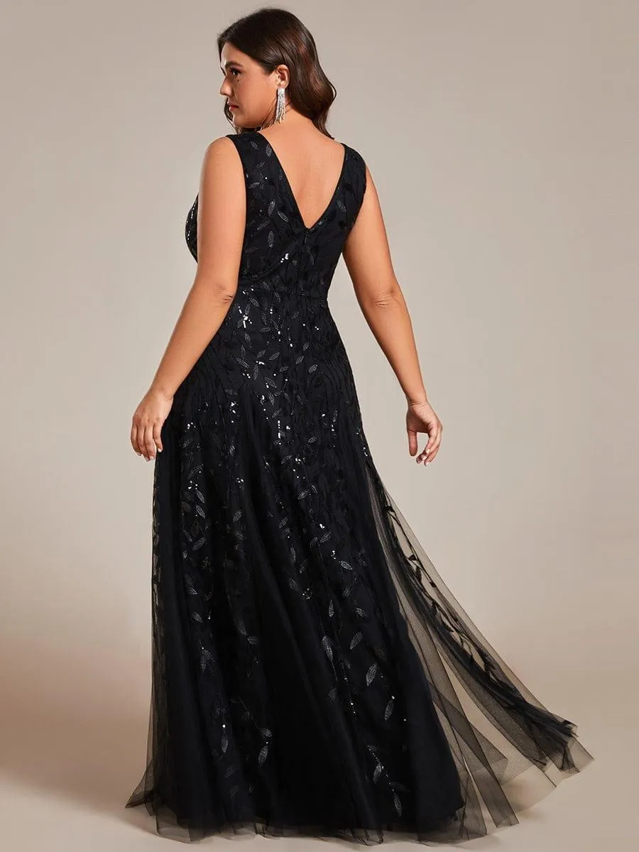 Robes de soirée trapèze pailletées sans manches à col en V de grande taille