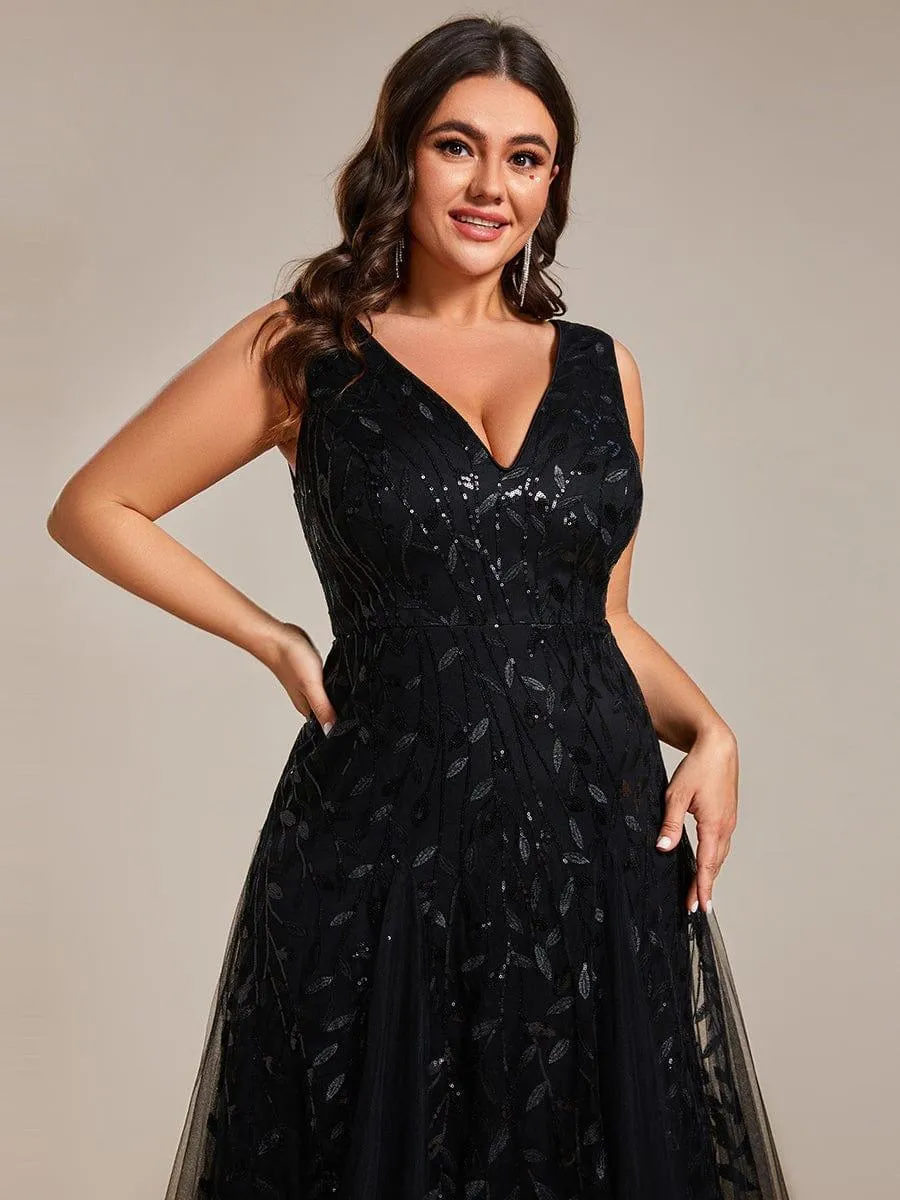 Robes de soirée trapèze pailletées sans manches à col en V de grande taille