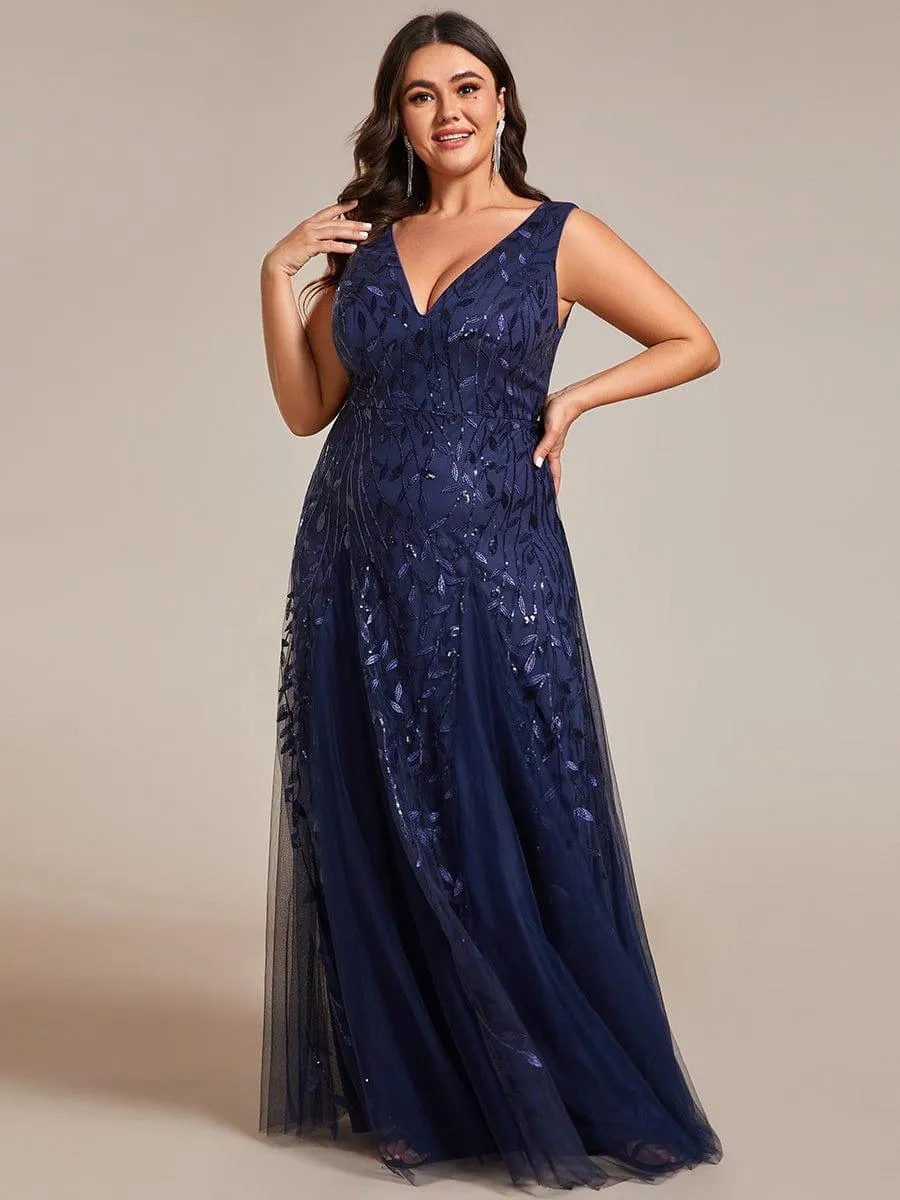 Robes de soirée trapèze pailletées sans manches à col en V de grande taille