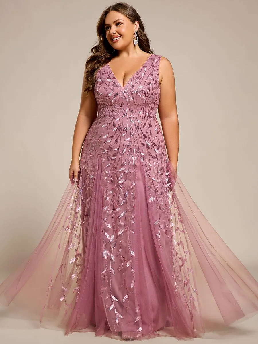 Robes de soirée trapèze pailletées sans manches à col en V de grande taille