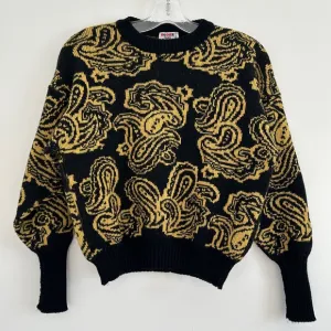 RODIER PARIS Vintage Wool Blend Damask Floral Gold Black Cropped Sweater Size M