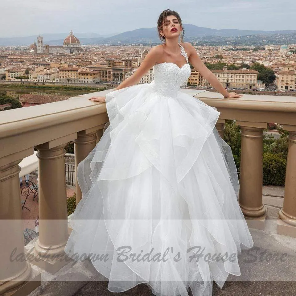 Roycebridal Chic White Tulle Bridal Gown Wedding Dress Lace Up Back