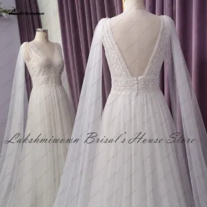 Roycebridal Lakshmigown Sexy V-neck Beach Dress Summer Wedding 2021 Chic Birdal Robe Boho A Line Wedding Dresses with Cape Sleeveless