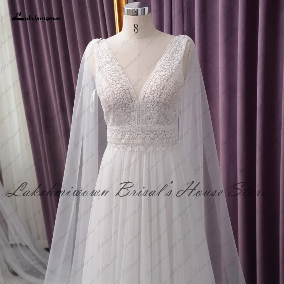 Roycebridal Lakshmigown Sexy V-neck Beach Dress Summer Wedding 2021 Chic Birdal Robe Boho A Line Wedding Dresses with Cape Sleeveless