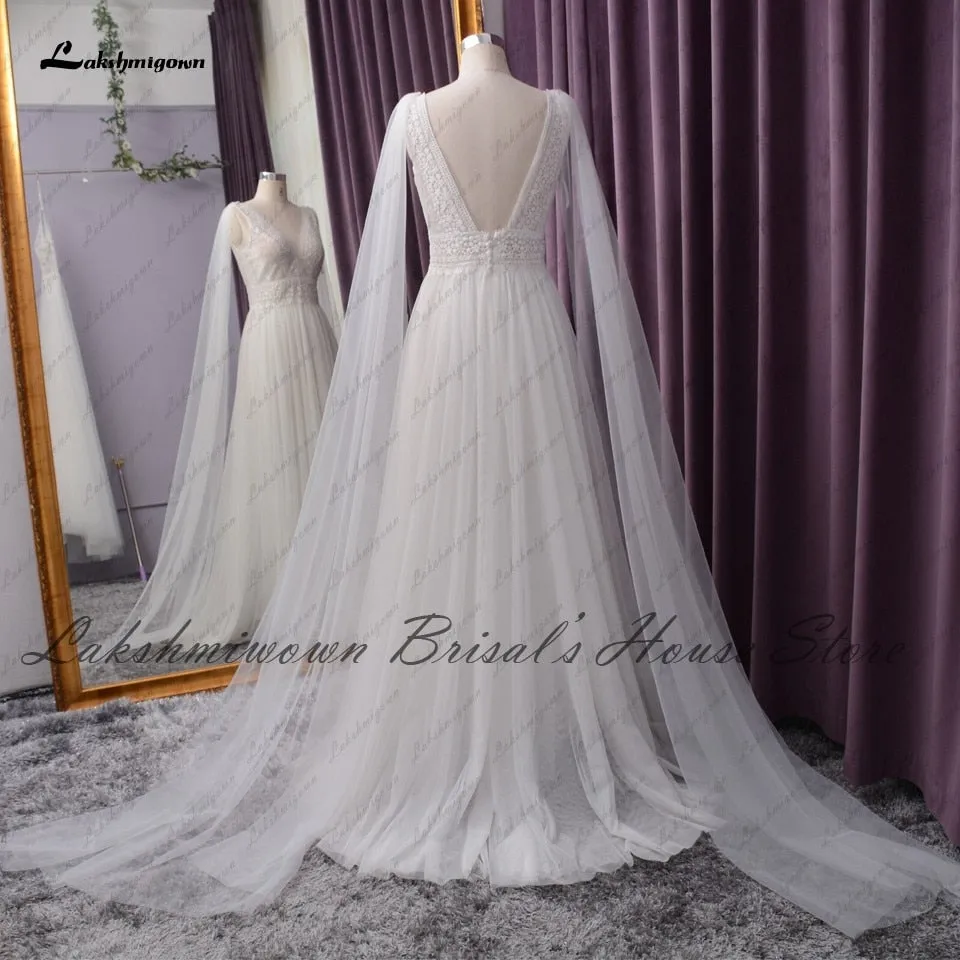 Roycebridal Lakshmigown Sexy V-neck Beach Dress Summer Wedding 2021 Chic Birdal Robe Boho A Line Wedding Dresses with Cape Sleeveless