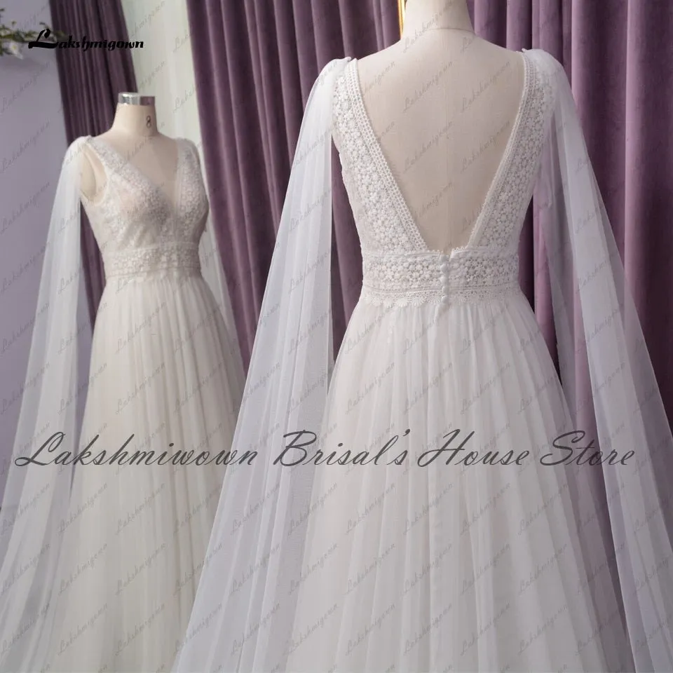Roycebridal Lakshmigown Sexy V-neck Beach Dress Summer Wedding 2021 Chic Birdal Robe Boho A Line Wedding Dresses with Cape Sleeveless