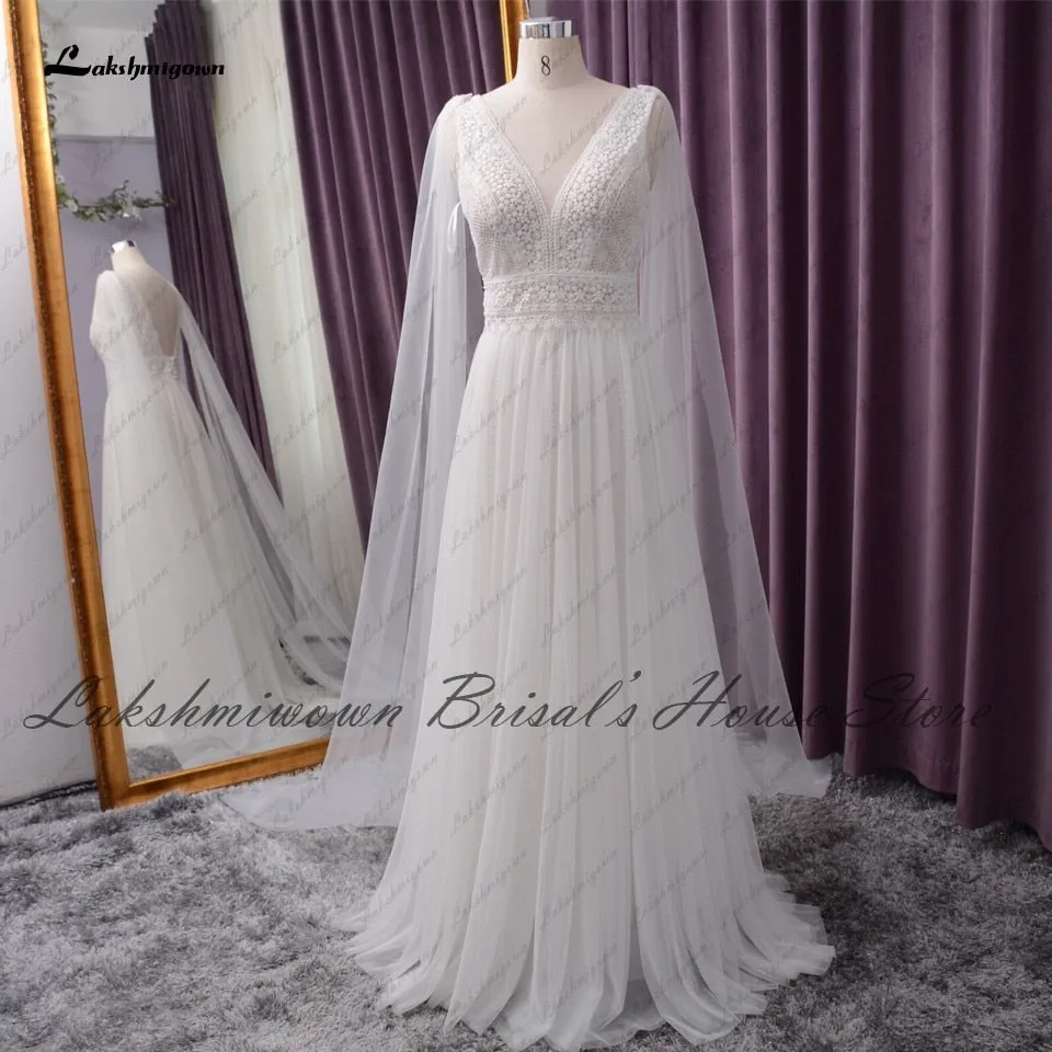 Roycebridal Lakshmigown Sexy V-neck Beach Dress Summer Wedding 2021 Chic Birdal Robe Boho A Line Wedding Dresses with Cape Sleeveless