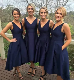 Roycebridal Simple Satin V Neck Navy Blue Short Bridesmaid Dresses with Pockets