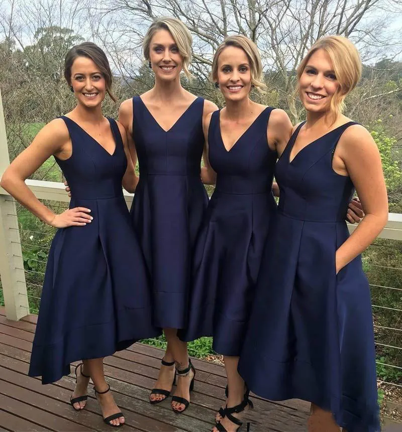 Roycebridal Simple Satin V Neck Navy Blue Short Bridesmaid Dresses with Pockets