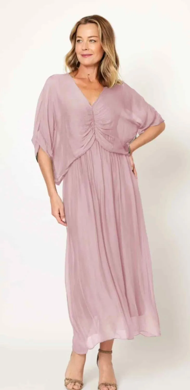 Ruched Bodice Flowy Silk Dress In Rosa