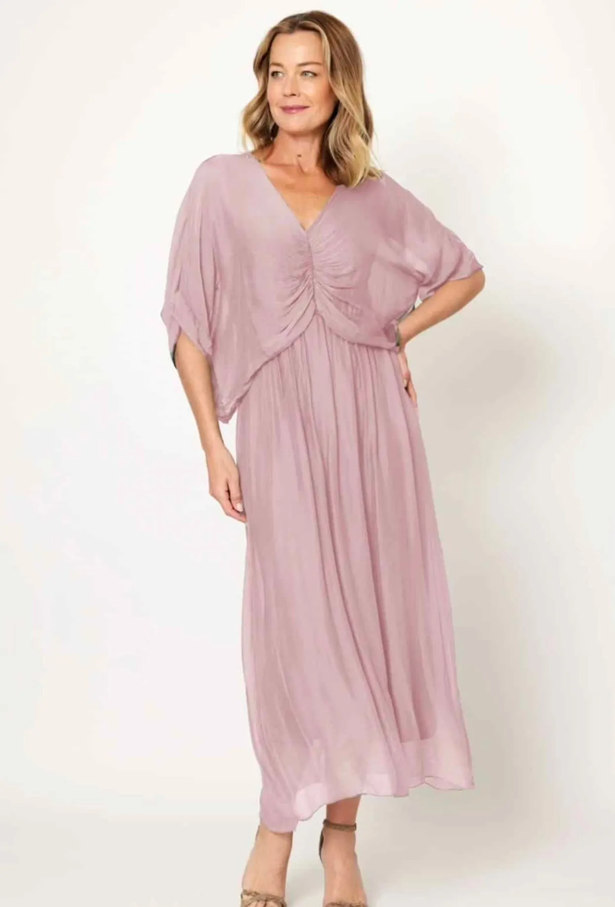 Ruched Bodice Flowy Silk Dress In Rosa