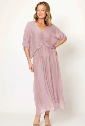 Ruched Bodice Flowy Silk Dress In Rosa