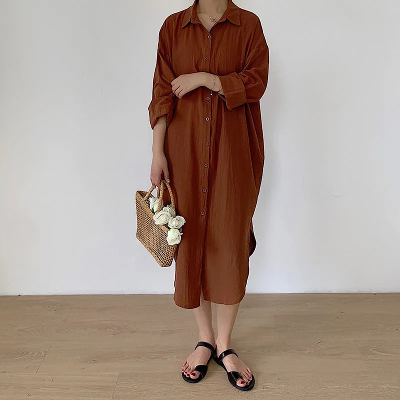 Rust Longline Button Down Shirt Dress
