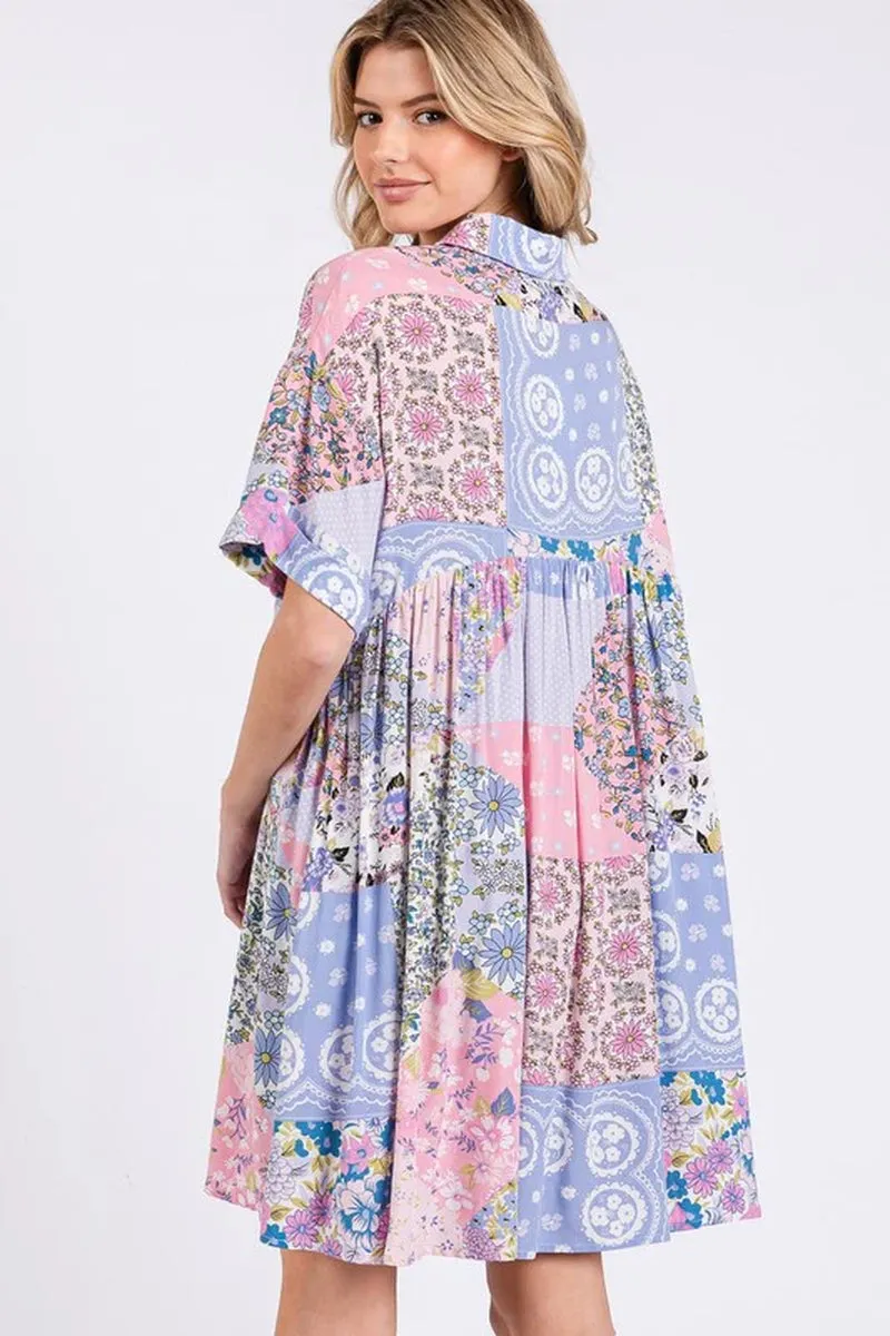 SAGE   FIG Floral Collared Neck Half Sleeve Mini Shirt Dress