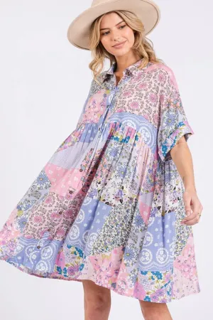 SAGE   FIG Floral Collared Neck Half Sleeve Mini Shirt Dress