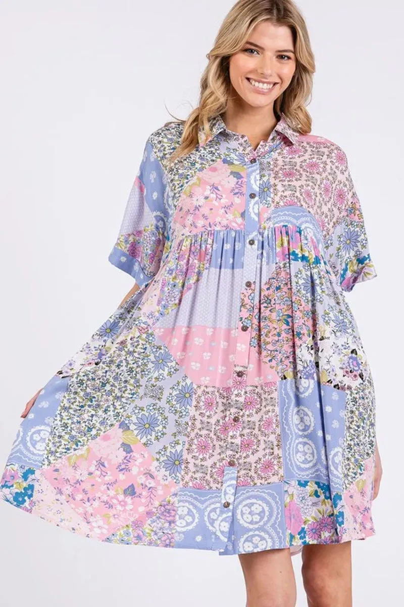 SAGE   FIG Floral Collared Neck Half Sleeve Mini Shirt Dress