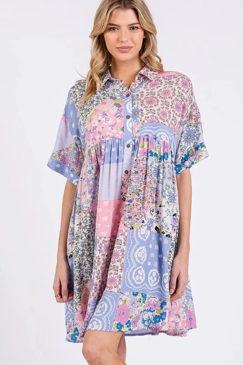 SAGE   FIG Floral Collared Neck Half Sleeve Mini Shirt Dress